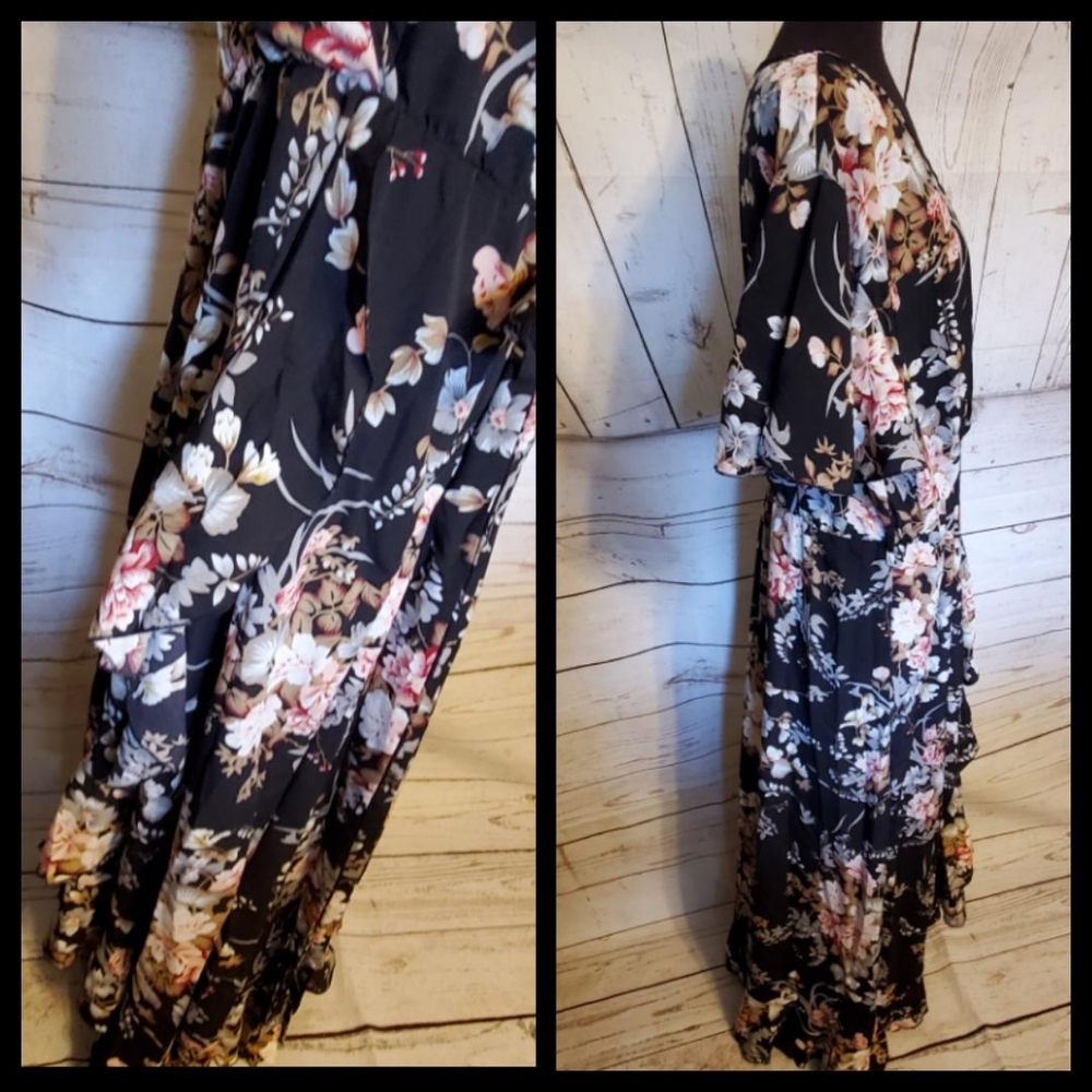 Kara and Kate short sleeved wrap front maxi dress black floral XXXL - Picture 2 of 11